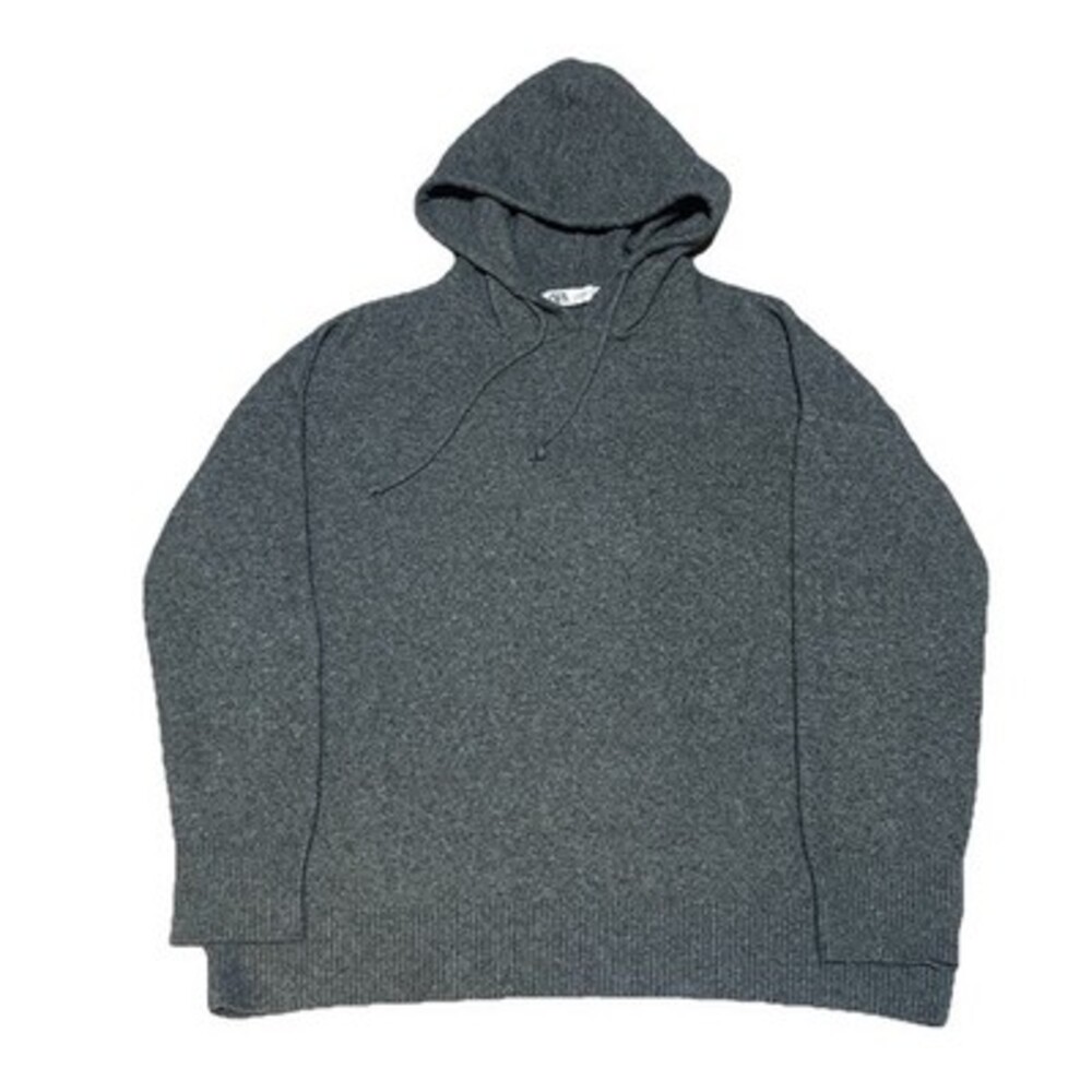 Zara Wool‎ Blend Pullover Hoodie Womens L Gray Kangaroo Pocket Preppy Cozy